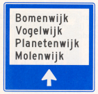 Wijkwegwijzer binnen de bebouwde kom, met wijknamen (in verkeersgebieden)