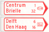 Wegwijzer voor fietsers en bromfietsers (handwijzer), met lokaal doel, interlokaal doel, 
		stedelijk fietsroutenummer (boven), en met interlokale doelen en interlokaal fietsroutenummer (onder)